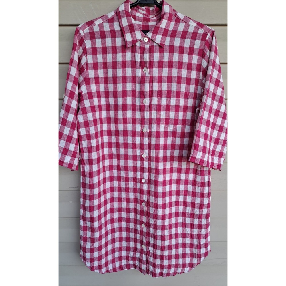 Karen Kane Women's 100% Linen 3/4 Sleeve Plaid Long Shirt Tunic Button-Up M USA